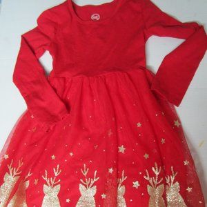 Wonder Nation Small 6 6X Red Dress with gold glitter reindeer on skirt Christmas